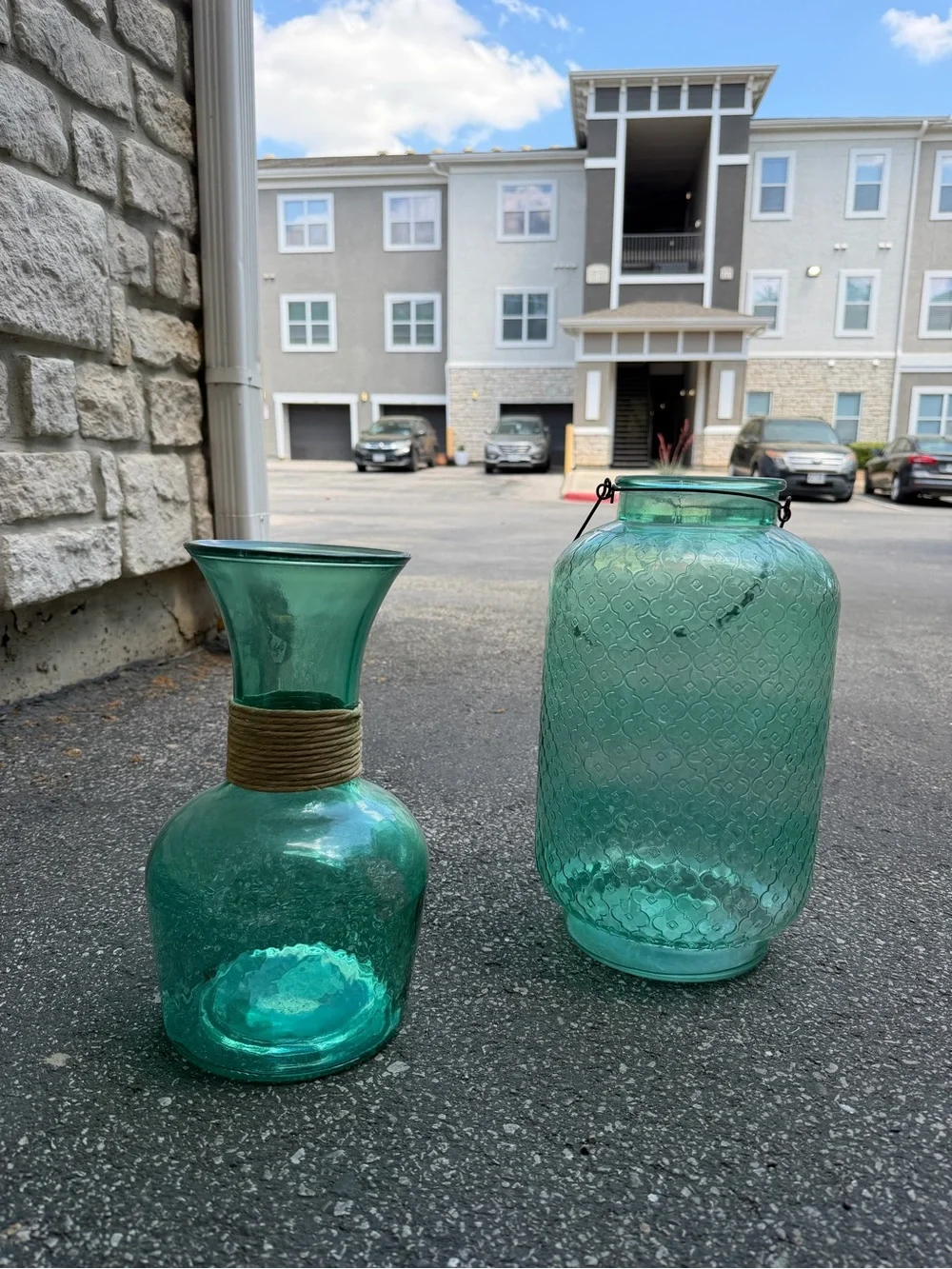 Green Glass Decorative Vase and Jar Set by